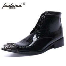 Мужские модельные туфли ручной работы с узором «Аллигатор» размера плюс; мужские ботильоны из лакированной кожи с металлическим острым носком на каблуке; SL881