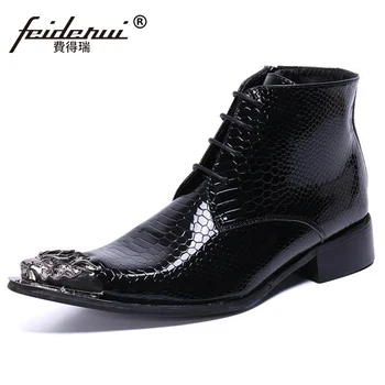 

Plus Size Alligator Pattern Man Handmade Formal Dress Shoes Patent Leather Metal Pointed Toe Heels Men's Ankle Boots SL881
