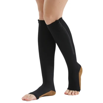 

Compression Stockings Nylon Zipper Compression Sock Leg Knee Support Open Toe Preventing Varicose Veins Stretch Socks(Black)S/M