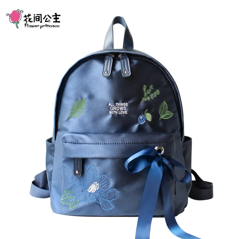 Нейлоновый женский рюкзак с цветочной вышивкой и лентами оригинальный дизайн