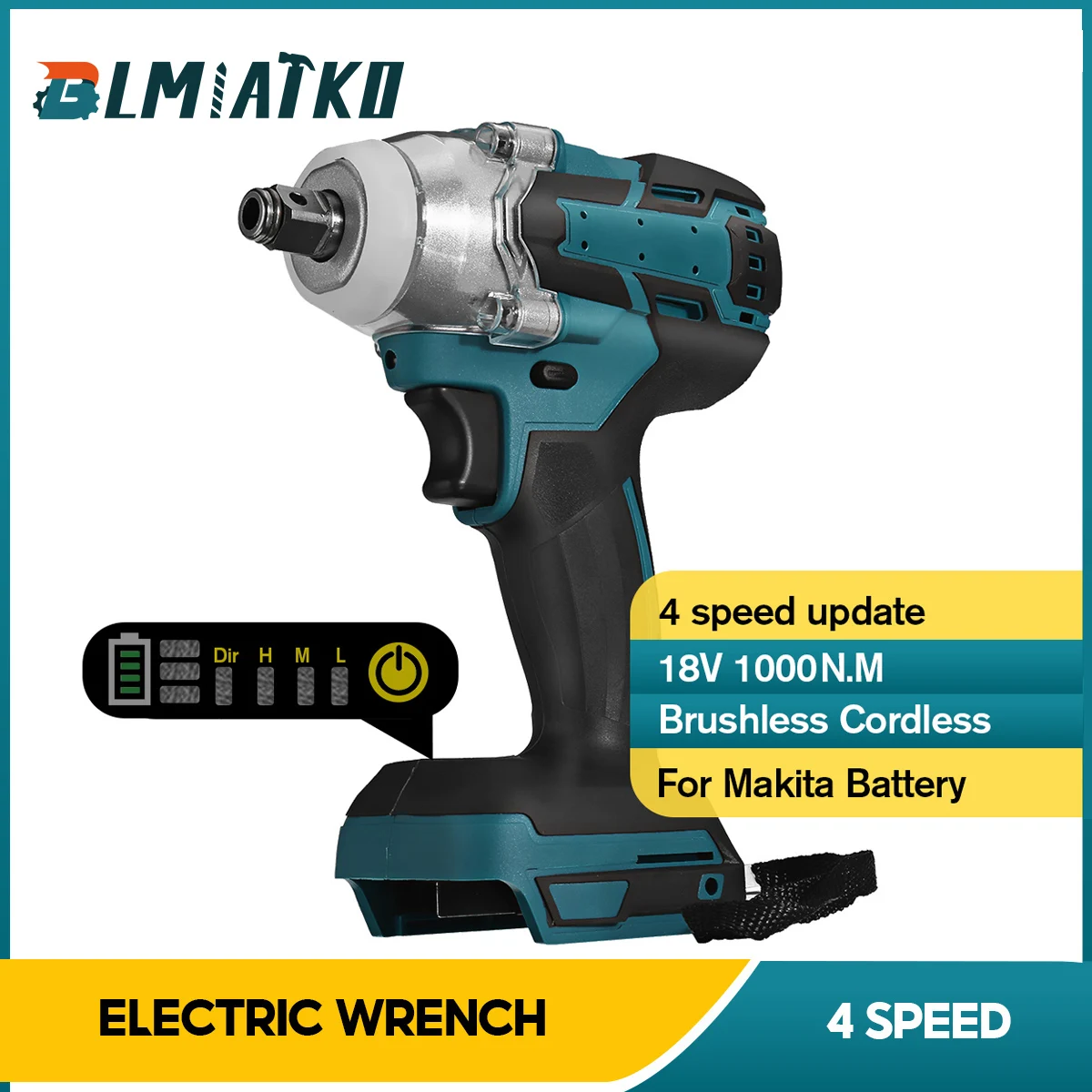 BLMIATKO Upgrade Brushless Cordless 4 Speed Electric Impact Wrench Rechargeable 1/2inch Wrench Power Tool for Makita 18V Battery