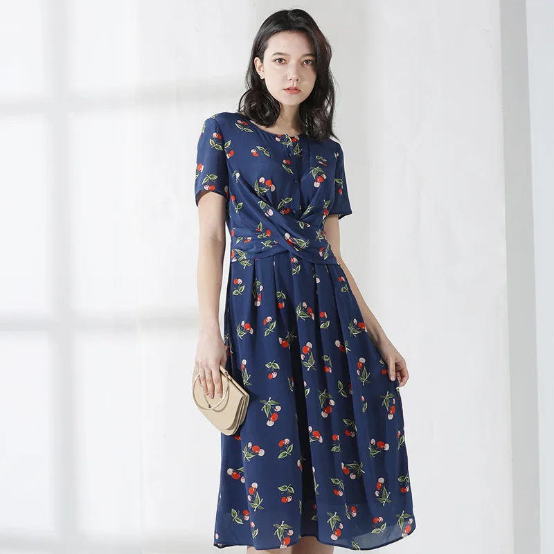 

navy print cherry silk dresses women 2020 summer long casual office work beach party dress plus size long sleeve slim dropship