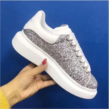 

mais novo de alta qualidade couro sapatos casuais mulher dedo do pé redondo rendas sapatos planos celebridade glitter embelezado