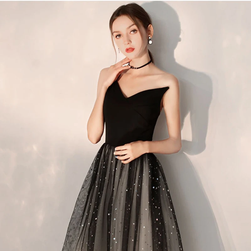 Skyyue Cocktail Dress One Shoulder Sleeveless Sequined Black Cocktail Dress Pleat Knee-Length Crepe Robe Cocktail Gown E707