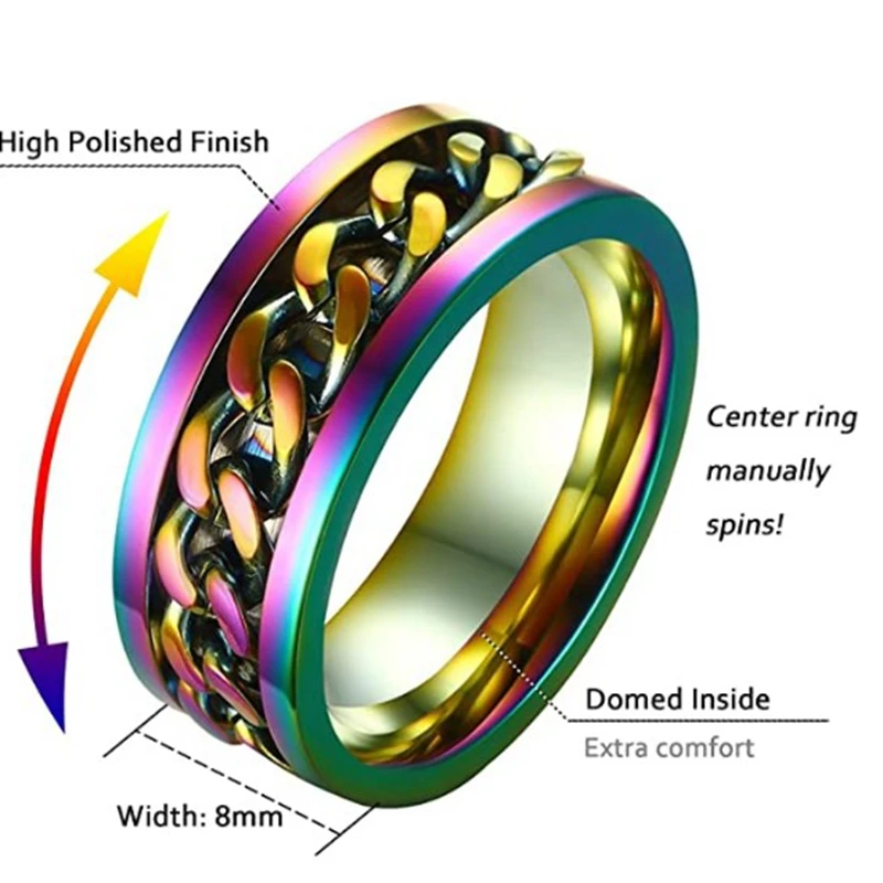 8MM Titanium Stainless Steel 5 Color Rotating Chain Ring Punk Style Personality Men’s Ring Jewelry Charm Party Gift
