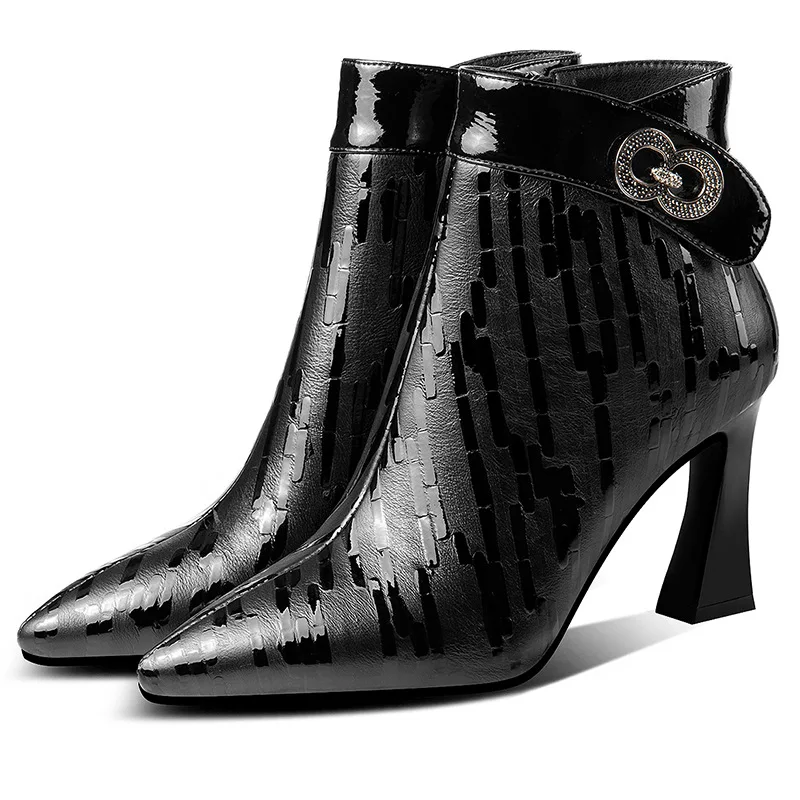 

Women's boots fall/winter leather boots pointed thick high heel boots metal rhinestone fashion boots women