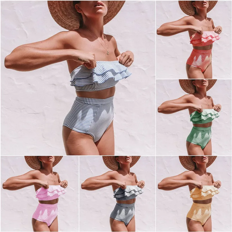 

Women High Waist Irregular Striped Flounces Bikini Set Swimsuit Swimwear Push Up Off Shoulder Biquini Plavky Maillot Tankini