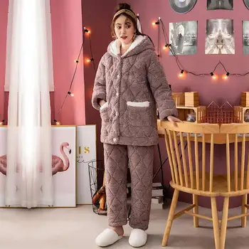 

With Hooded Homewear Lady Nightwear Thicken Coral Fleece Pyjamas Suit Pajamas Set Casual Soft Keep Warm Sleepwear 2PCS Sleep Set