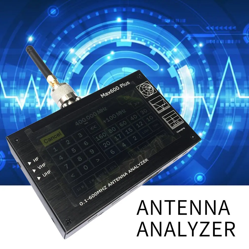 Max600 плюс HF/VHF/UHF анализатор антенны 0,1-600 МГц измеритель коэффициента стоячей воды 1,0-1999 5 V/1.5A для радио 4," TFT ЖК-дисплей Сенсорный экран
