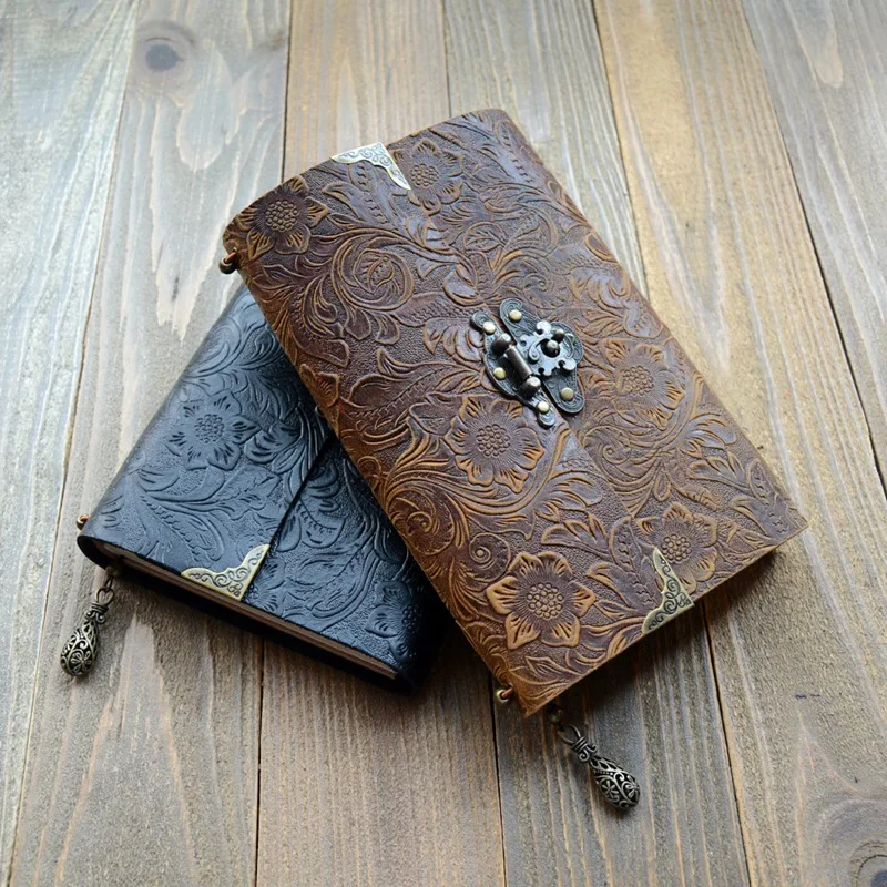 Embossed Pattern Soft Leather Travel Notebook with Lock and Key Diary Notepad Kraft Paper Business Sketch and Writing