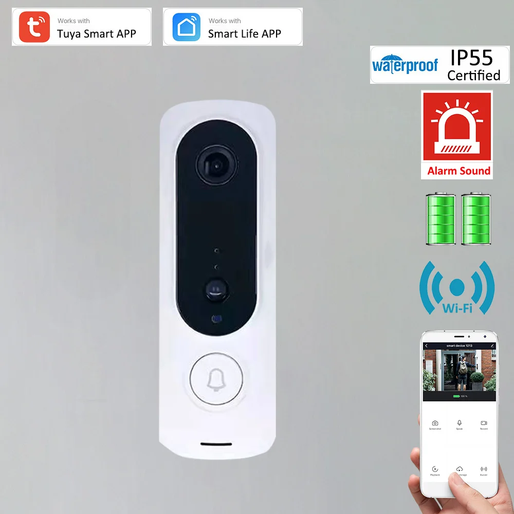 Tuya Smart WiFi Video Doorbell Outdoor IP55 Audio 135° View Angle Rechargeable Replaceable Battery Door Bell Buzzer Siren Sound |