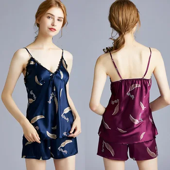 

Version Silk Sexy Pajamas Women's Summer Nightgown Suspender Shorts Two-Piece Set Tracksuit 1123