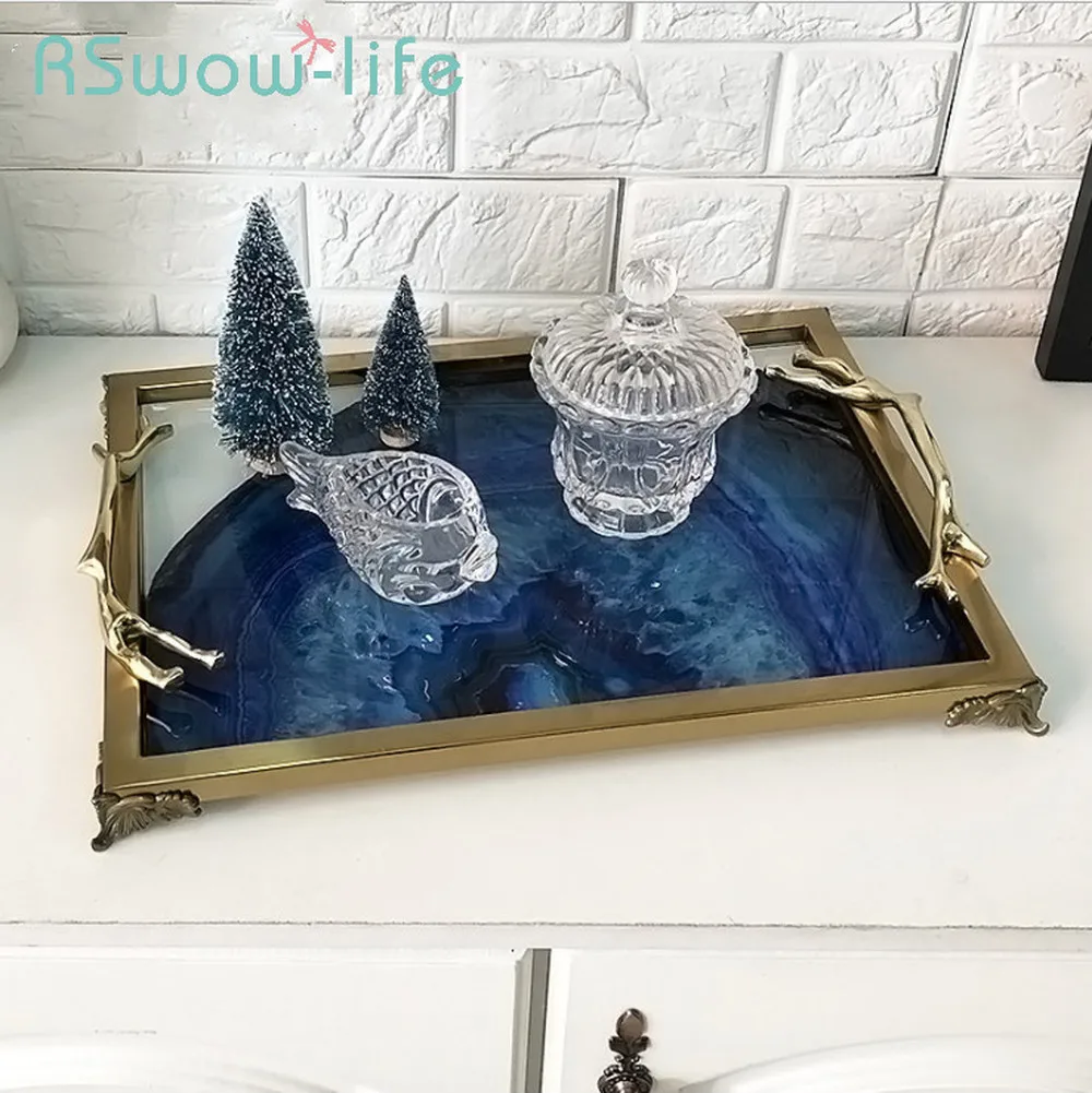 

39.5*28*3CM Rectangular Metal Tray Home Living Room Decoration Agate Stone Service Trays Decorative Food Tray For Kitchen Trays