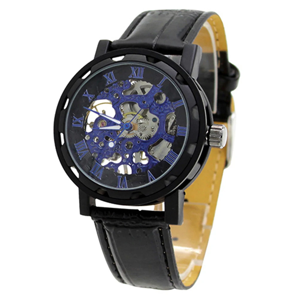 Men Top Faux Leather Band Roman Numerals Hand-Wind Mechanical Watches Waterproof Sports Army Automatic Skeleton Men Watch reloj