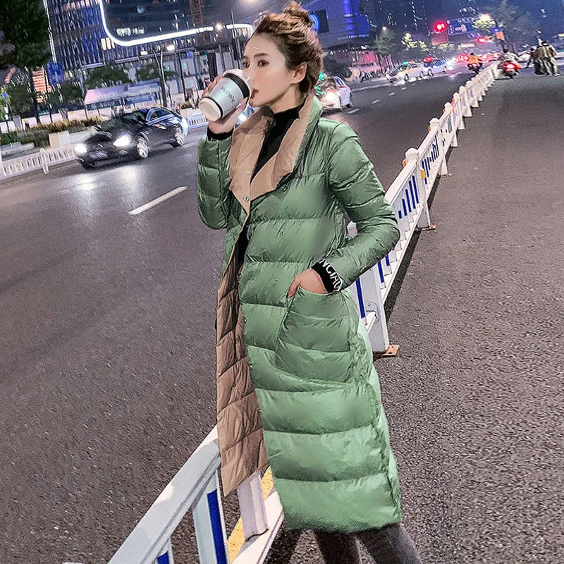 FTLZZ Женская двухсторонняя длинная куртка на 90% белом утином пуху двубортная