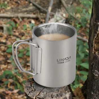 

Lixada Titanium Doublet Wall Tea Cup Tableware Outdoor Camping Picnic Cup Water Coffee Tea Cup Mug Foldable Handle 220ml/450ml