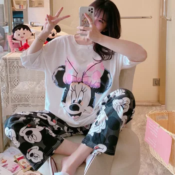 

Pajama Women's Summer Short Sleeve Pants Pure Cotton Mickey Mouse Korean Casual Wear Thin Home Wear Suit Pajamas For Women