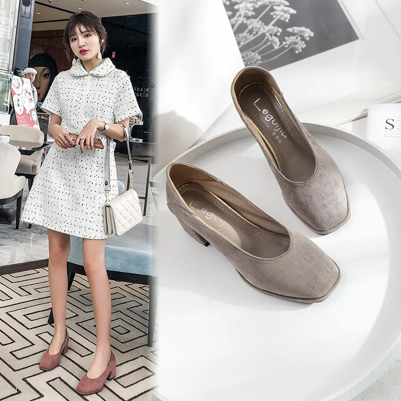 

Shoes Women's 2019 Spring And Autumn Korean-style Low-Cut Versatile Semi-high Heeled Loafers Square Head Vintage Chunky-Heel Onl