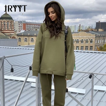 

JRYYT Autumn Hooded Sweatshirt Two piece Set Women 2020 Casual Drawstring Pocket Pullover And Long Pant Track Suits Women Solid