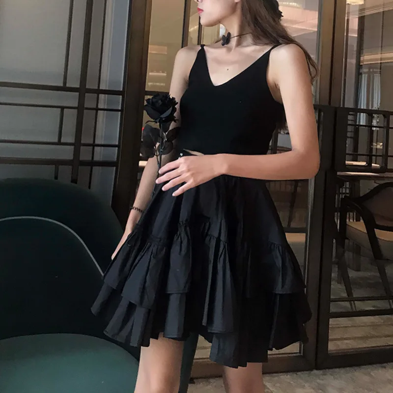 Fashion Black Small Ring Belt High Waist Stitching Ruffle Irregular Woman Skirt Casual Wild Simple Fashion Tide Autumn New TV931