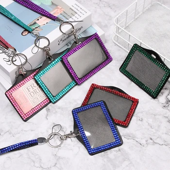 

1 PC Resin Rhinestone Crystal Badge ID Card Holder with Cord Bling ID Business Name Card Case Office Supplies