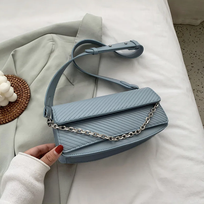 

Blue Designer Brand Leather Shoulder Bags for Women 2020 Chain Solid Small Bags Luxury Purses and Handbags Female bolsos mujer