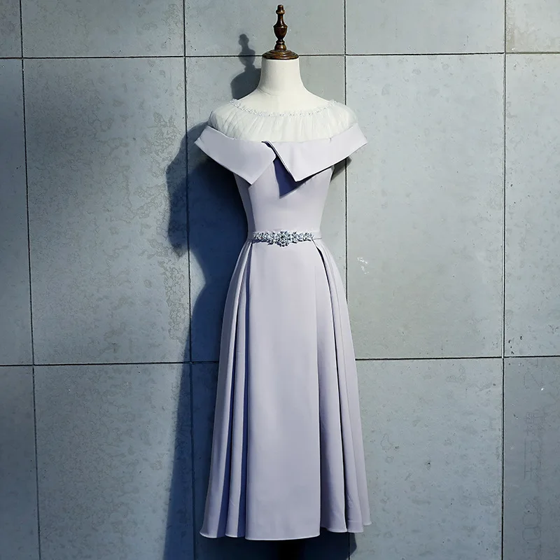 

2020 Daminha Evening Dress Grey Medium Length 2020 New Korean Version Show Thin Banquet Lady Bridesmaid Autumn