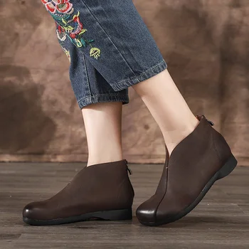 

Ankle Boots Shoes Woman 2019 Round Toes Genuine Leather Female Comfortable Soft Flat Shoes Mother Booties