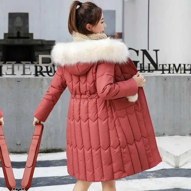 Длинные парки размера плюс 4XL 5XL толстые Большие меховые женские длинные пуховые парки Тонкая зимняя куртка пальто с капюшоном женские куртки с хлопковой подкладкой - Цвет: Brick red
