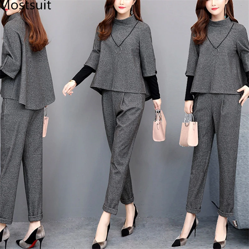 2019 Autumn Grey Elegant Two Piece Sets Outfits Women Plus Size Fake Two Pieces Tops And Pants Suits Office Korean Ladies Sets 2019 Autumn Grey Elegant Two Piece Sets Outfits Women Plus Size Fake Two Pieces Tops And Pants Suits Office Korean Ladies Sets