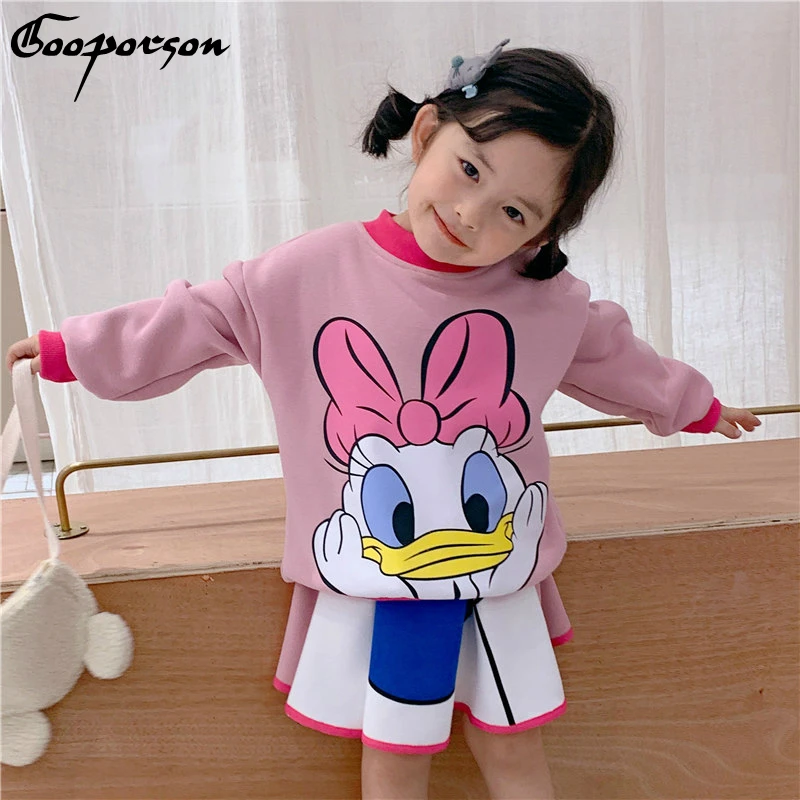 

Kids Girl Cartoon Clothes Set Daisy Duck Cute Pink Winter Spring Clothes Set Children Cotton Sweat Shirt and Skirt 2 Pcs Outfits