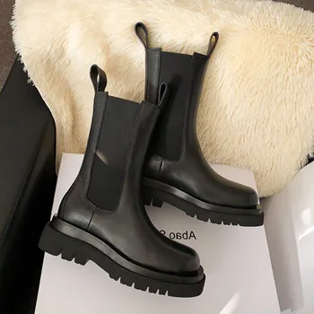

Women Patform Cow Fashion Genuine Leather Chelsea Slip On Round Toe Mid Calf High Top Shoes Winter Fleece Lining Boots