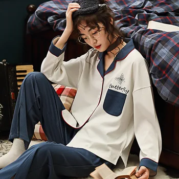 

Autumn Pure Cotton Pumping Pajamas Fold-down Collar Cardigan Long-sleeve Suit Korean-style Loose-Fit Students Home We