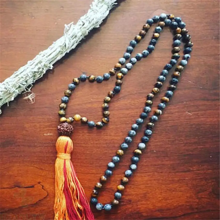 

8mm spectrolite Tiger Eye Gemstone Tassel Mala necklace Wristband Buddhism Wrist natural Lucky Chakas spirituality pray Reiki