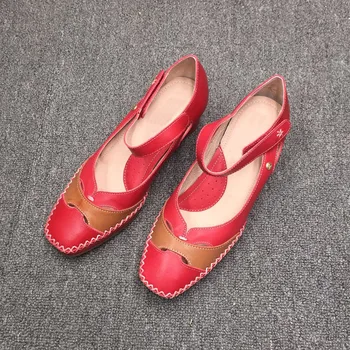 

Soft leather color-blocking retro hollow breathable handmade shoes low-heeled comfortable single shoes ladies summer sandals