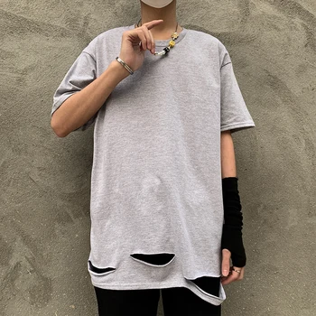 

Fashion high street, solid color, broken hole and short sleeve T-shirt