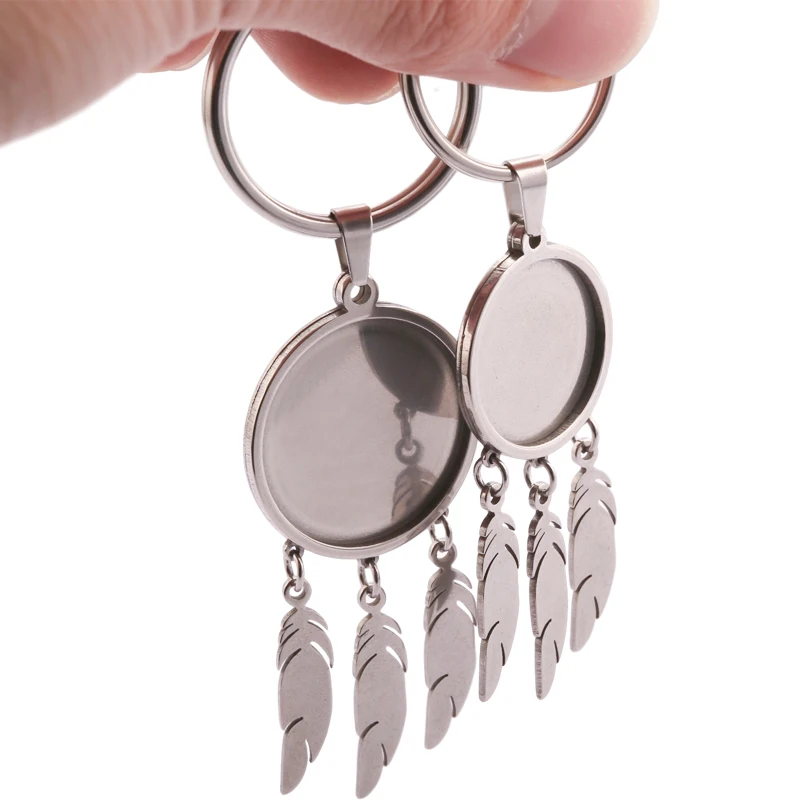 

2pcs Stainless Steel Cabochon Keychain Base Setting Blank 20mm 25mmTrays With Feather Charms Diy for Key Chain Keyring Findings
