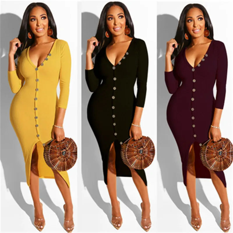

Women Dress Sexy V-Neck Half Sleeve Ribbed Elastic Knitted Dress Autumn Spring Button Split Ankle-Length Elegant Bodycon Dress