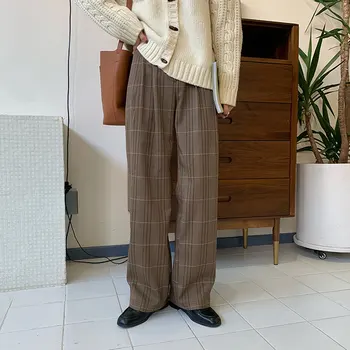 

Straight Pants Women's High-waisted Plaid Wide-leg Pants Plaid Pants