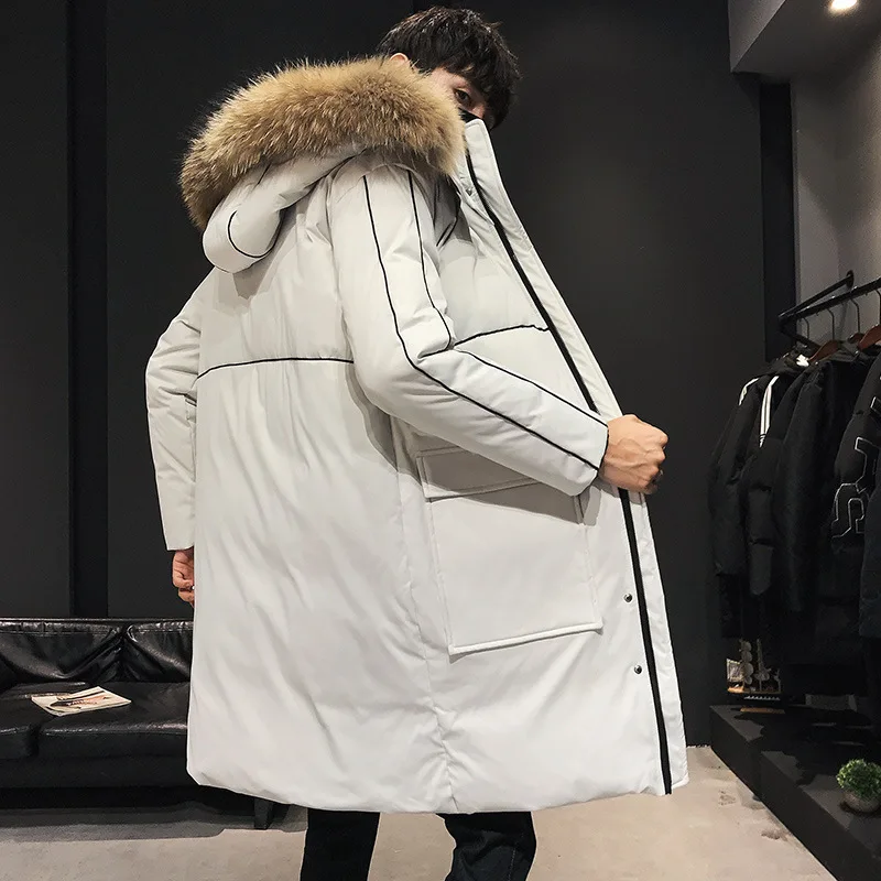 Зимний пуховик для мужчин, стиль, теплый пуховик с капюшоном, корейский стиль, модное длинное пальто для мужчин