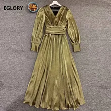 Top Quality New Autumn Winter Long Evening Vestidos Women V-Neck Lux Party Long Sleeve Maxi Dress Grey Champage Ladies