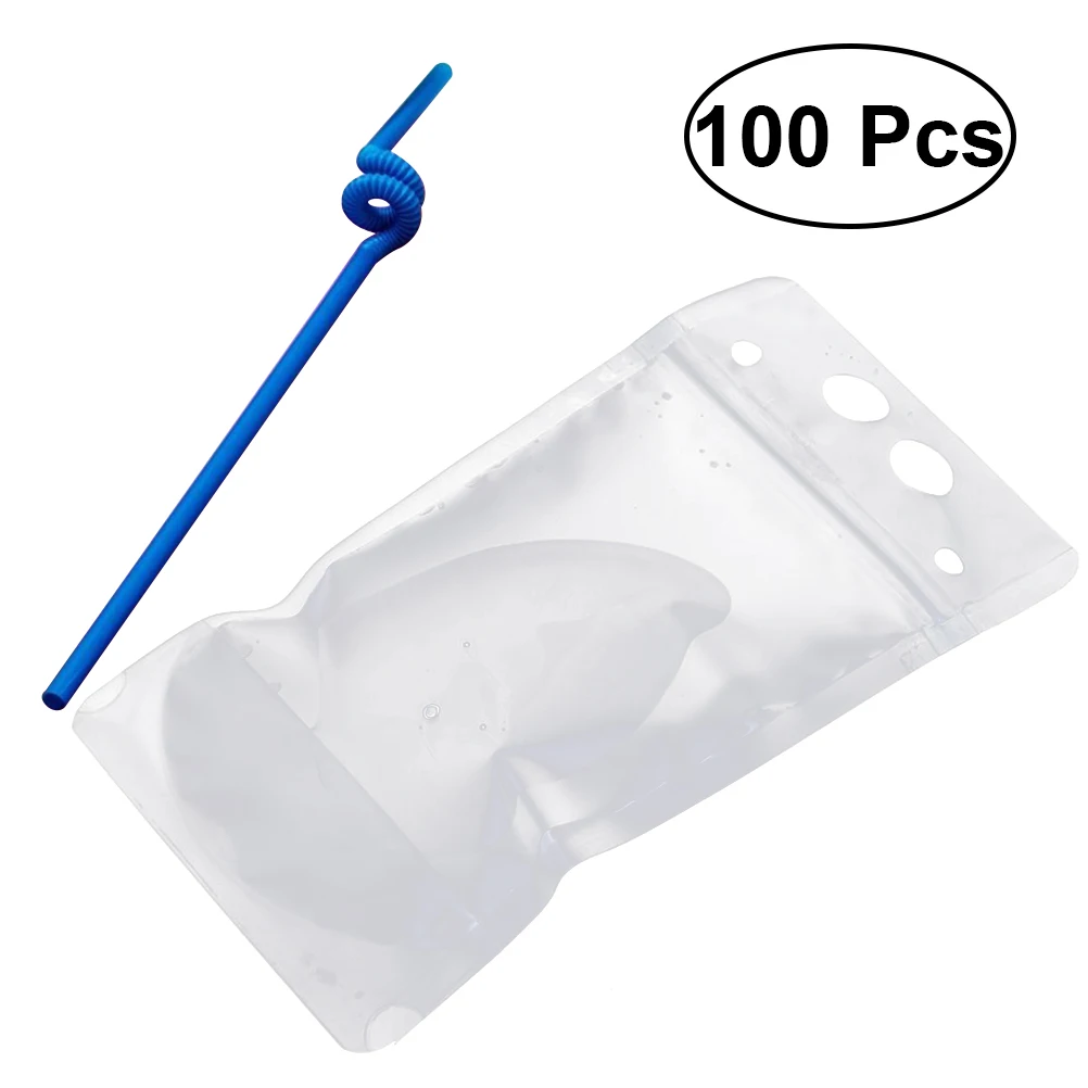 

100PCS Disposable 500ML Handheld Drink Container Set including Drink Pouches and Colorful Straws Frosted