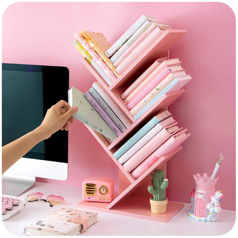 Креативная розовая книжная полка в форме дерева, деревянный многослойный органайзер для книг, настольная подставка для книг, аксессуары для кабинета, Офисная подставка