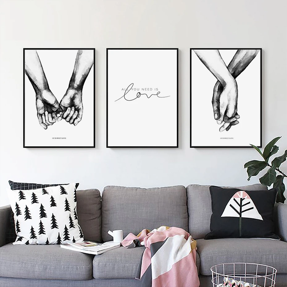 Черный и белый держащиеся за руки любовные буквы пара абстрактные картины на холсте плакат печать стены искусство картина для спальни домашний декор