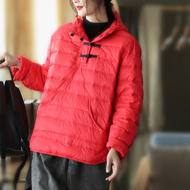 

Aibeautyer Vintage Short Jacket Winter Female Streetwear Down Coat Snow Outwear Women Hooded Loose Thick Warm White Duck Down