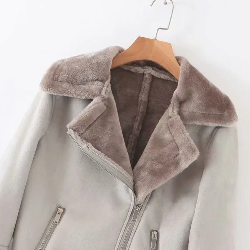 Buckskin/Женская куртка с длинными рукавами на молнии с отворотом; Новинка года; зимняя теплая Женская куртка в стиле Харадзюку с мехом; топ в стиле ретро