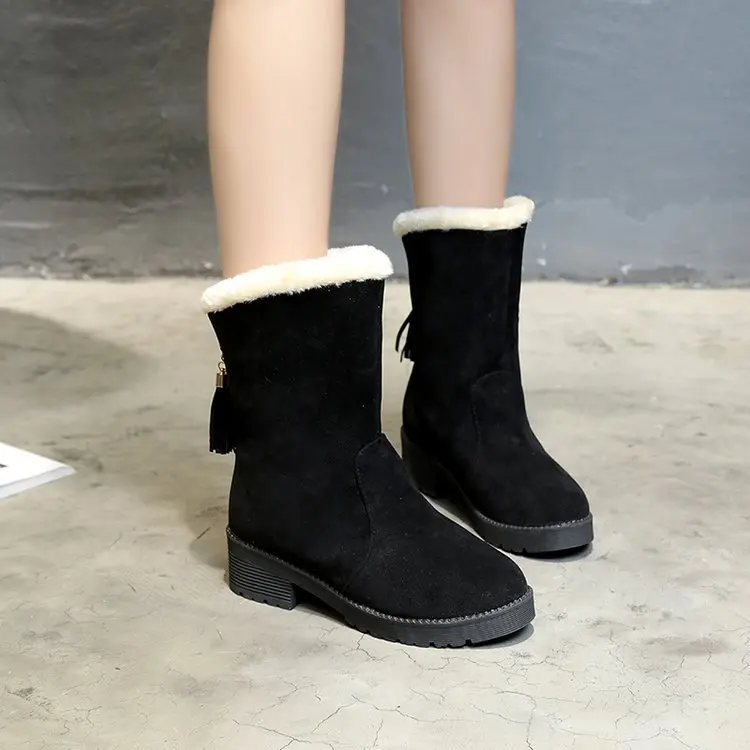 

2018 Winter New Style Korean-style round-Toe Tube Low Heel Flat Tassels Warm Solid Color plus Velvet Thick Cotton Boots Women's