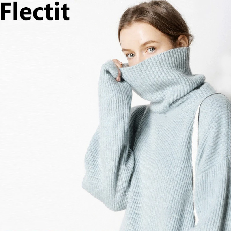 

Flectit Cashmere Turtleneck Sweater Women Plain Color Blue Ivory Long Sleeve Loose Cozy Jumper Fine Knit Fall Winter Outfits *