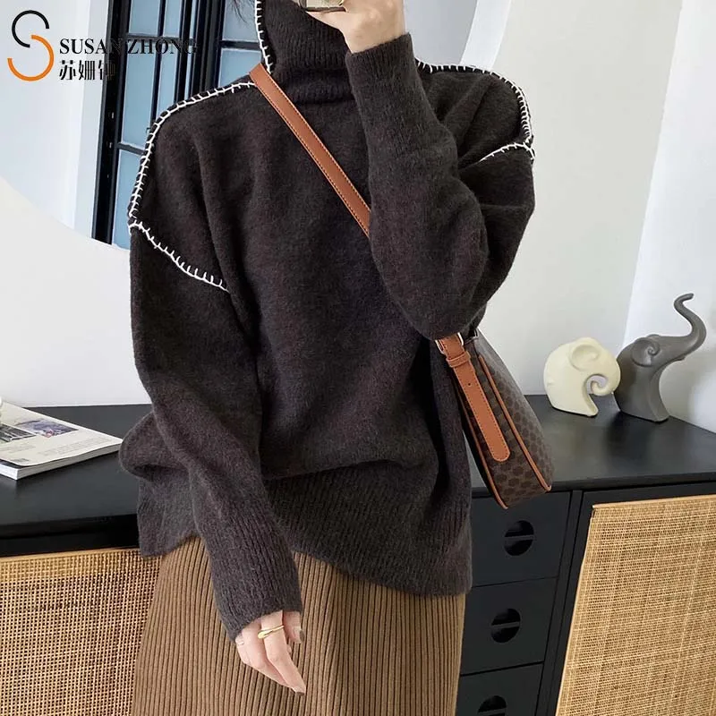 

Women Pullovers Female Sweater Christmas Collection Oversize Turtle Neck Batwing Drop Shoulder Color-Contrast Stiching Normcore