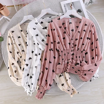 

ZCWXM Ladies Blouse Autumn Love Printing Waist V-neck Women Korea Style Lotus Leaf Edge-flattering Long-sleeve Top 2020